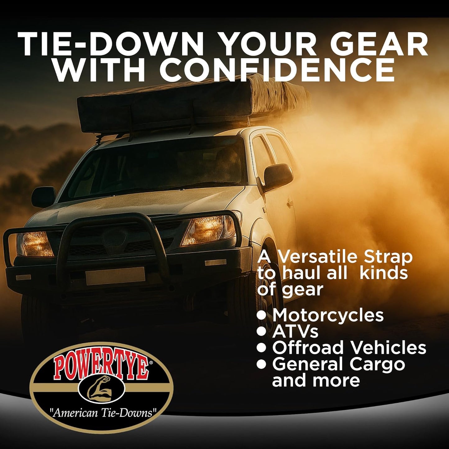 PowerTye 1.5in x 6.5ft Heavy Duty Ratchet Tie-Down Straps with Soft-Tye and Carabiner Hooks - 1,000 lb Working Load Limit / 3,000 lb Breaking Strength - Made in USA - Orange/Black Pair