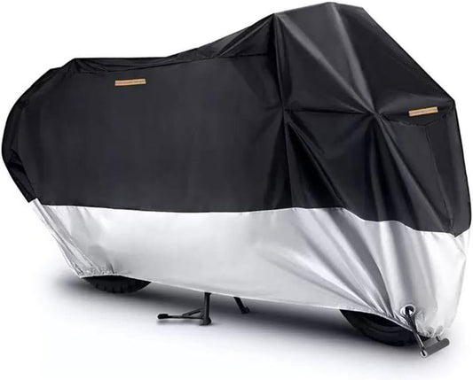 Motorcycle Cover, 210D Oxford Cloth, with Reflective Stripes, Waterproof Outdoor Protection, All-Weather Universal car Cover, with Lock Holes and Storage Bag. (Black Silver, 104")