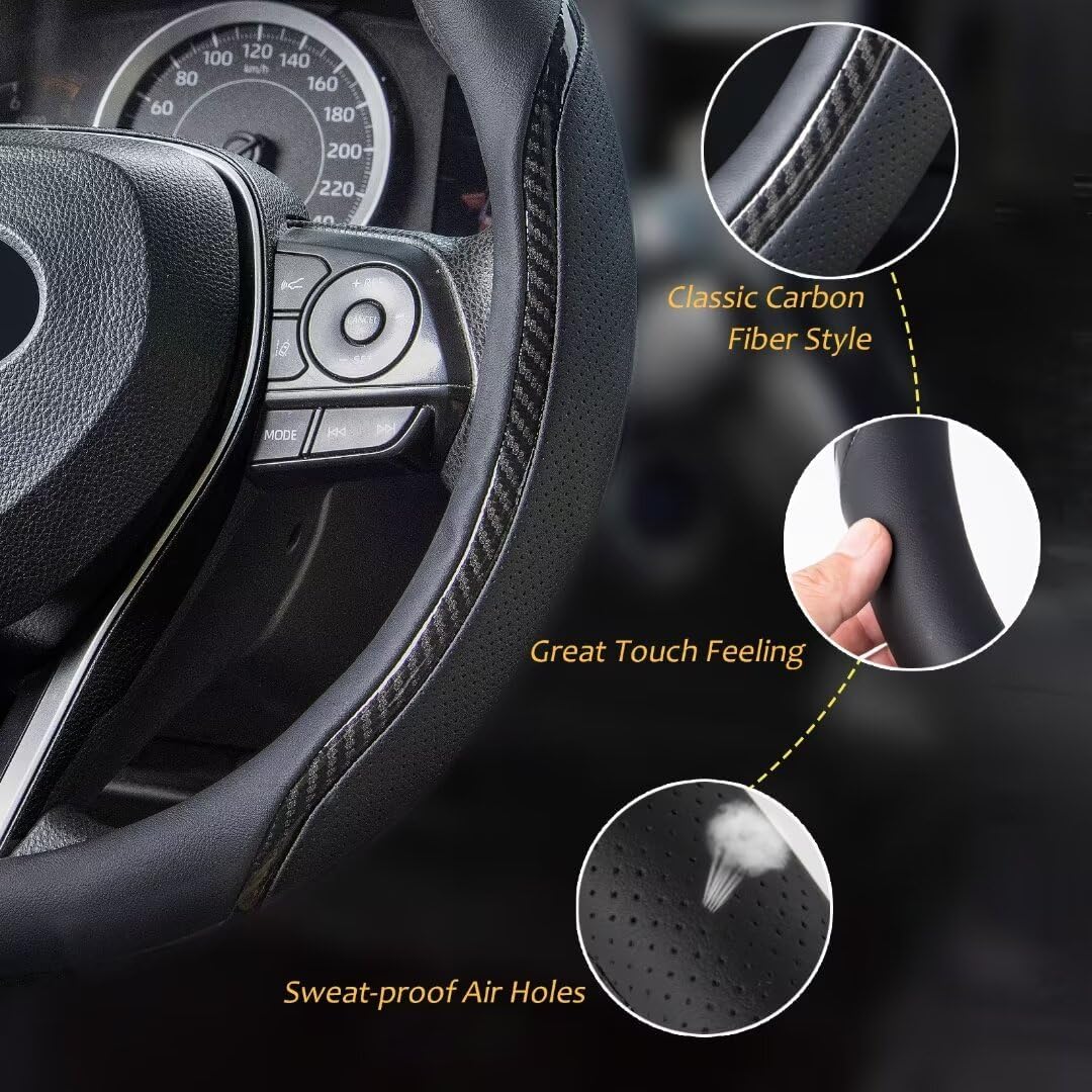 Steering Wheel Cover Black, Carbon Fiber Car Steering Wheel Covers with Coasters Universal 14.5-15 inch Leather Microfiber Breathable Anti-Slip Steering Wheel Accessories Set
