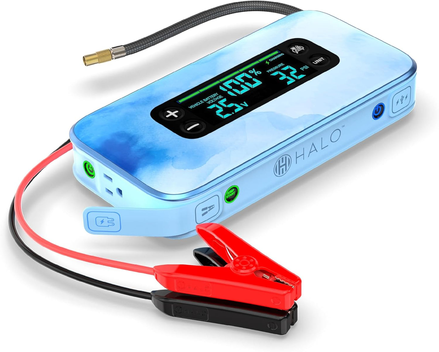 HALO Bolt Ultimate 3 Portable Car Battery Jump Starter | 130 PSI Air Compressor, 55.5Wh USB Power Bank, Large Display, Emergency Floodlight & Charger, Jumps Cars SUVs & Trucks, Inflates Tires — Blue