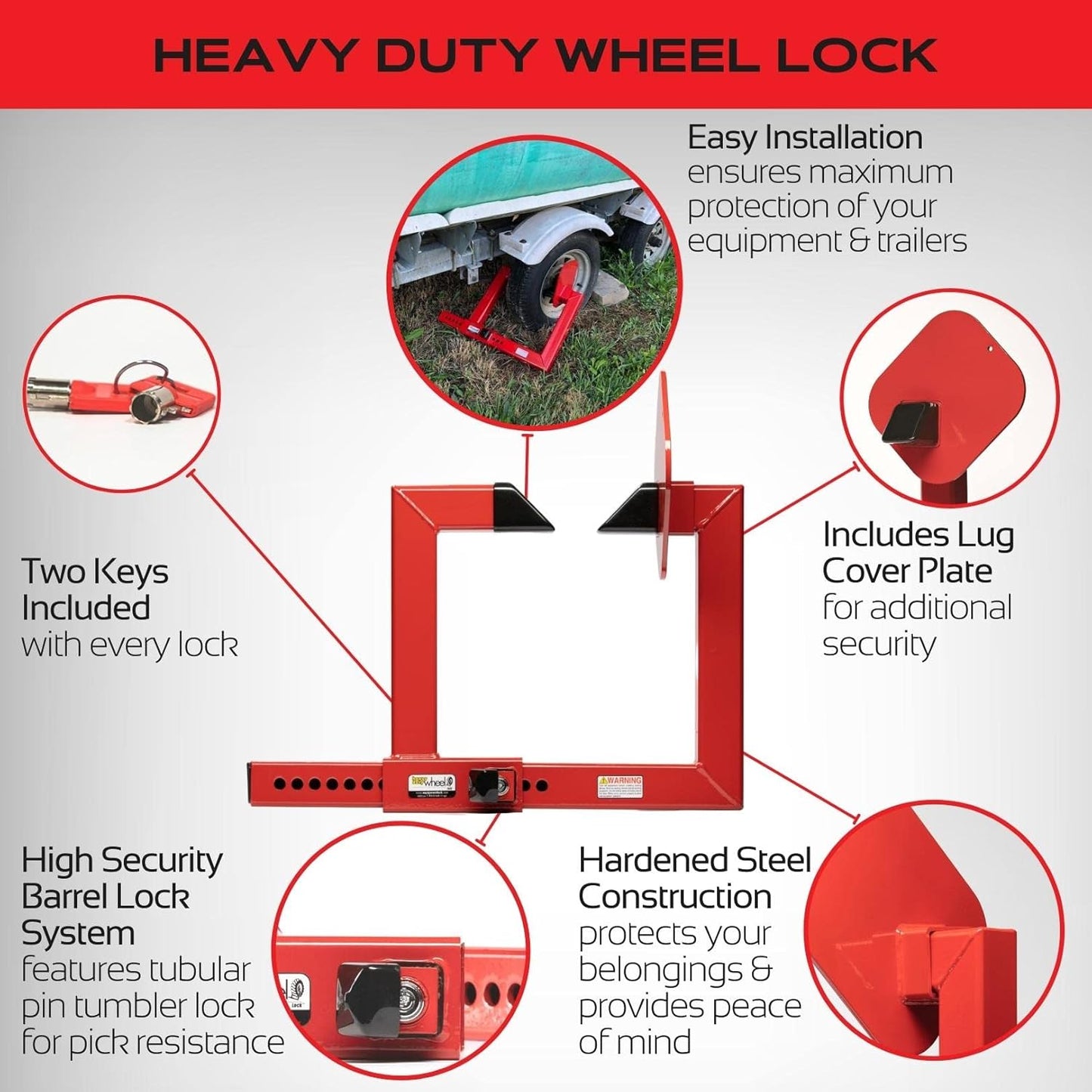 Equipment Lock Heavy Duty Wheel Lock - Powder Coated Steel Car Boot - Trailer Wheel Lock, Anti Theft Tire Boot for Wheels up to 20-1/2" Wide (Keyed Differently)