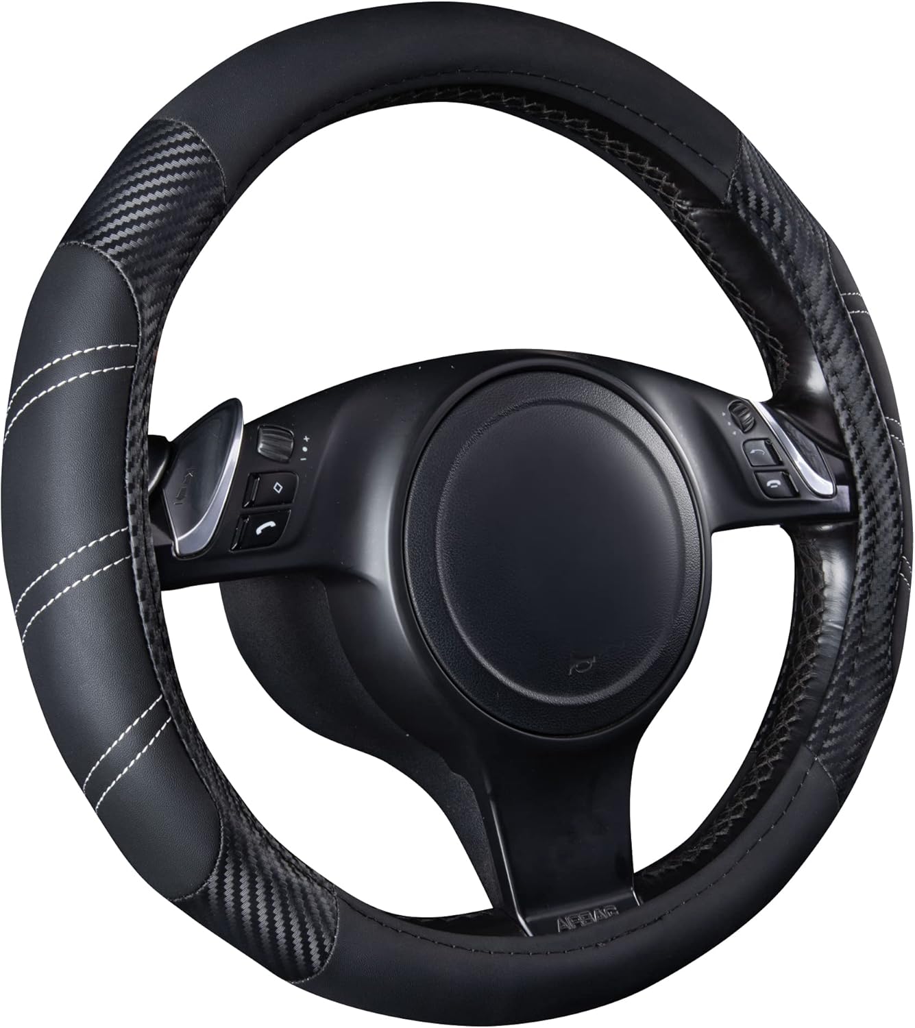 CAR PASS Line Rider Microfiber Leather Sporty 14.5-15 inch Steering Wheel Cover Universal Fits for 95% Truck,SUV,Cars, Anti-Slip Safety Comfortable Design (Black Carbon Fiber)