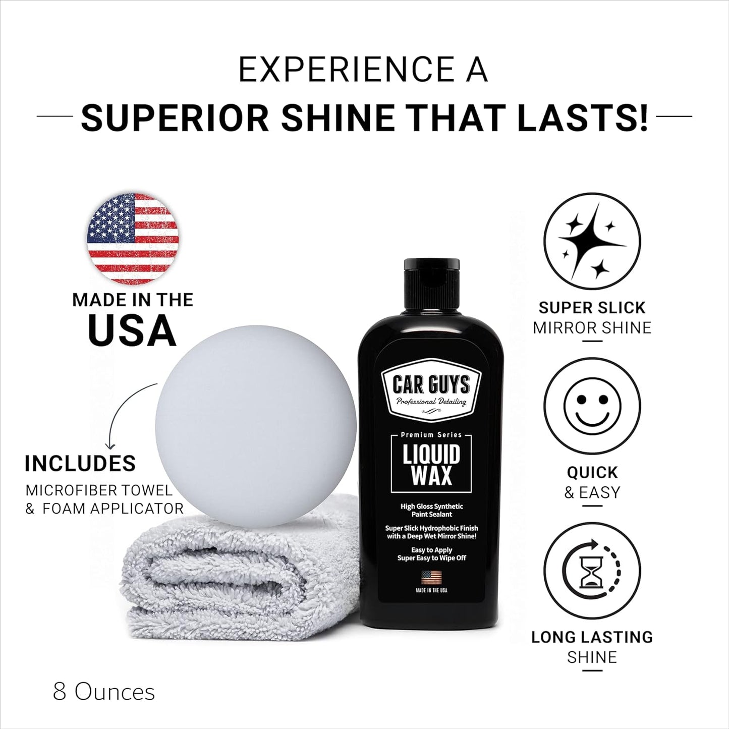 CAR GUYS Liquid Wax | Advanced Car Wax | Superior Protection with a Carnauba Wax Shine | For all Paint Colors and Excellent Black Car Wax | 8 Oz Kit