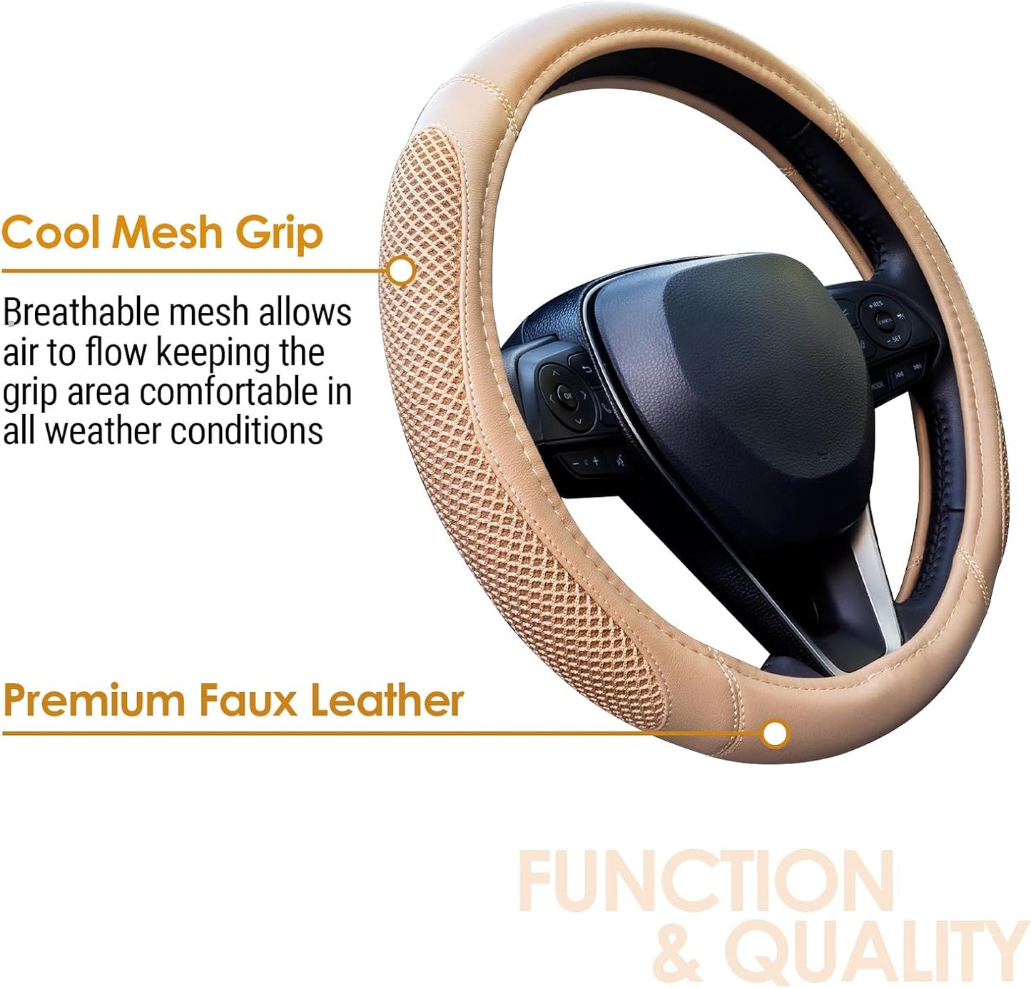 Cool Mesh Grip Car Steering Wheel Cover with Breathable Grip, Premium Faux Leather, Universal fit for All Cars, SUV, Mini-Van and Mid-Size Trucks with Steering Wheel Size 14.5" to 15"