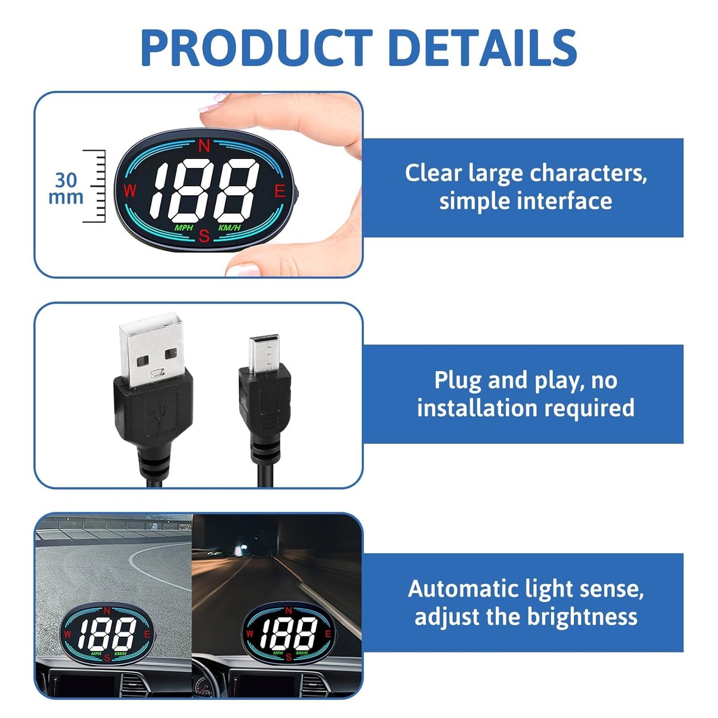 GPS Digital Speedometer for Car MPH, Universal HUD Speed Meter with LED Large Font Head Up Display Car Accessories with USB Cable Plug Play for Truck Motor SUV Golf Cart All Vehicles (H2 Speedometer)