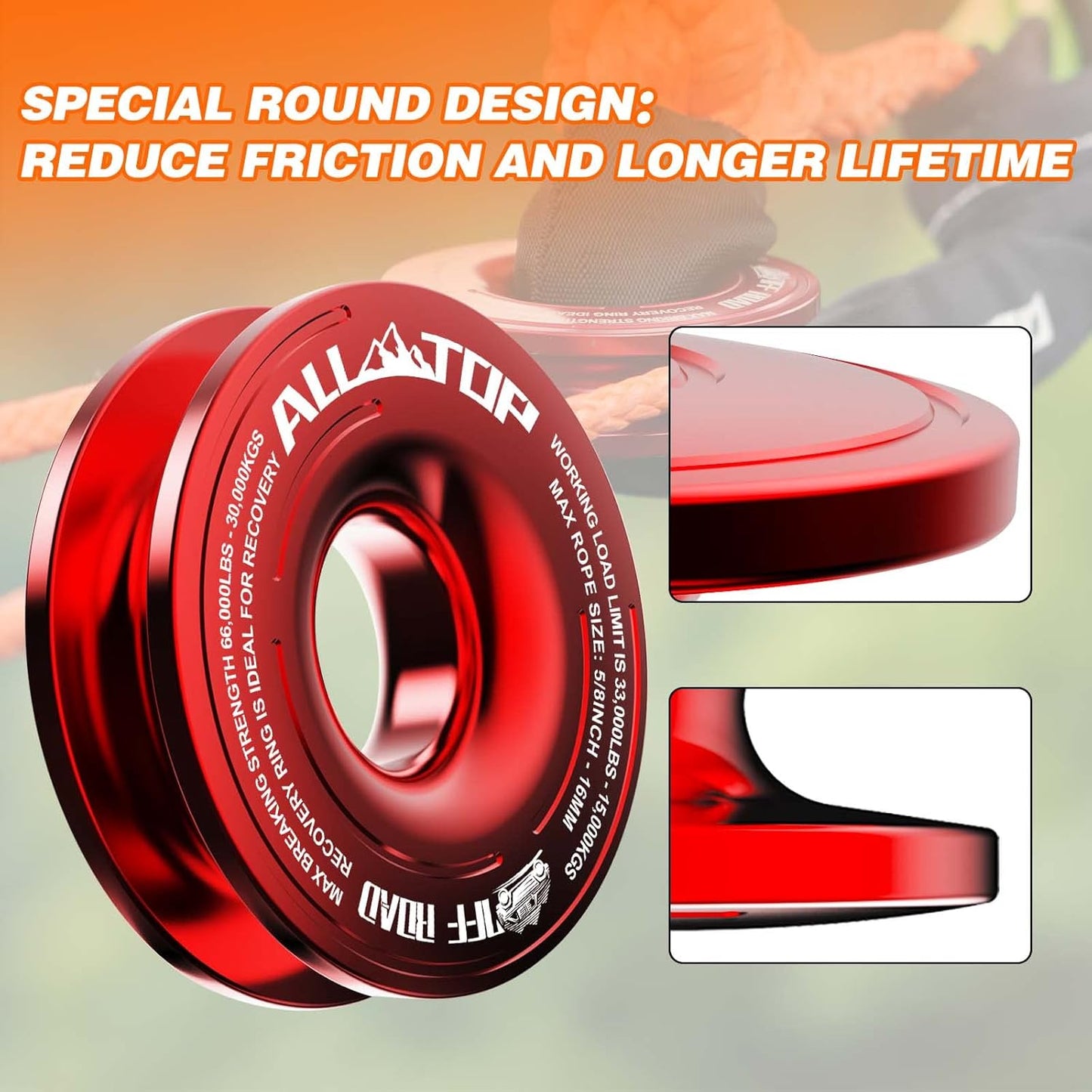ALL-TOP Recovery Ring 66000 LBS Winch Snatch Towing Ring, Tackle Pulley System, Rope Retention Safety Strap Included, Red