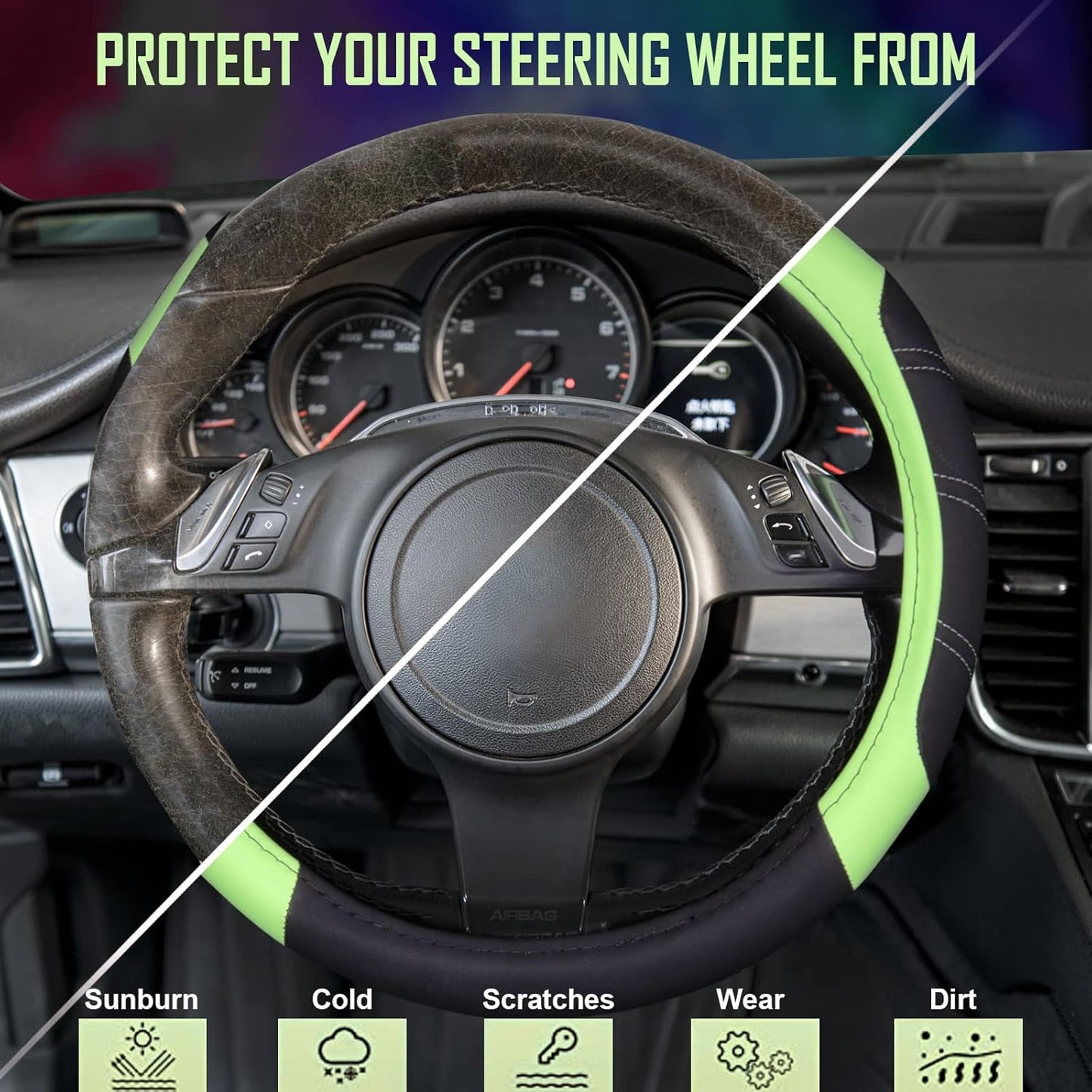 CAR PASS Line Rider Microfiber Leather Sporty Steering Wheel Cover Universal Fits for 95% Truck,SUV,Cars 14.5-15inch, Anti-Slip Safety Comfortable Design (Glows Lime Fluorescent Green)