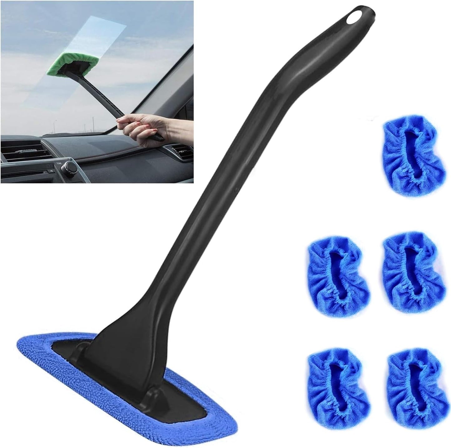Windshield Cleaning Tool Windshield Cleaning Wand Auto Window Cleaner,5 Pieces Reusable Cloth Pads for Car Interior, Dirty Car Washing Brushes (Blue)