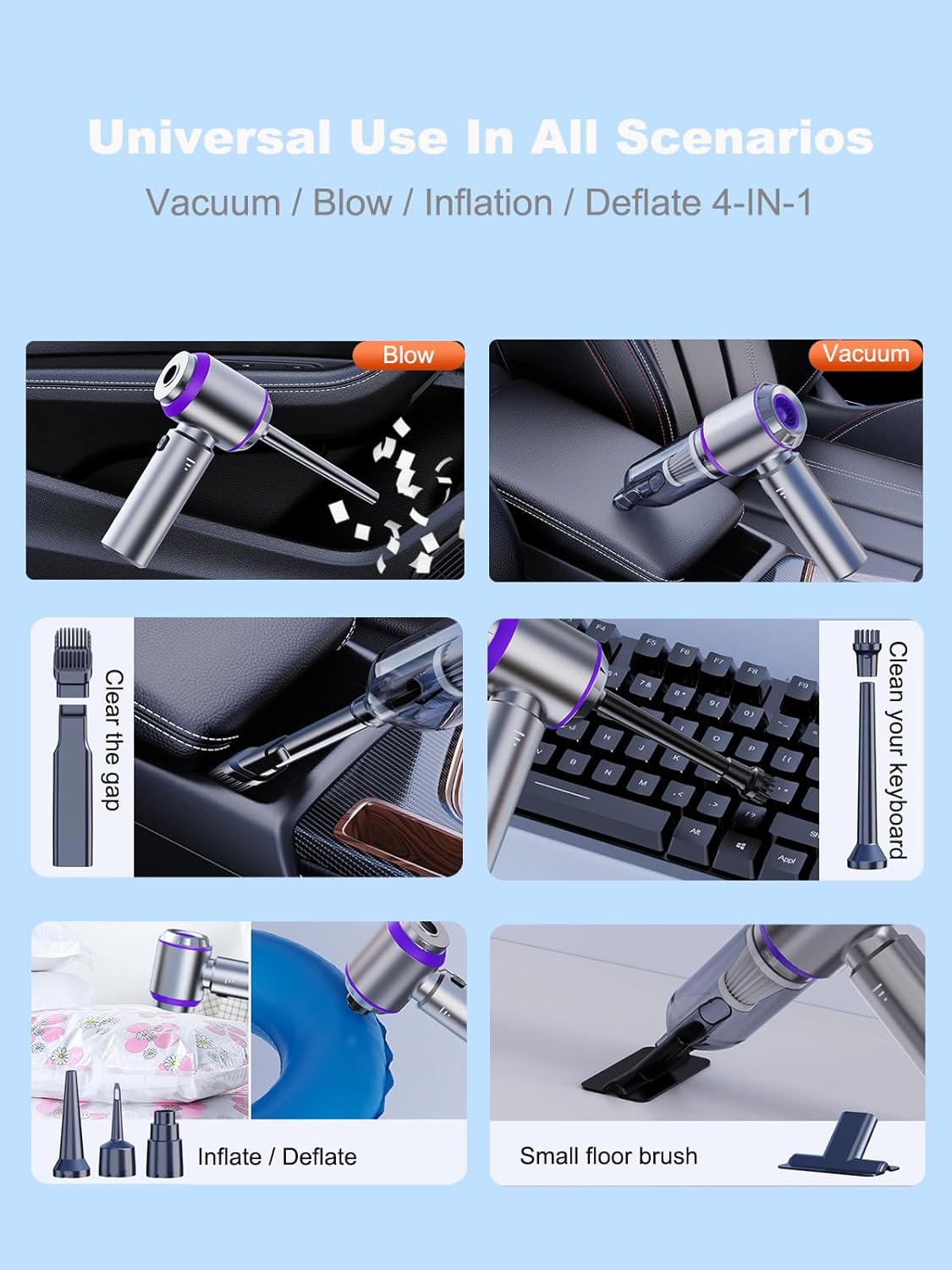 Vacuum/Air Duster 80,000RPM Super Power Mini Car Vacuum Cleaner 4-in-1 air Blower Gun Air Duster & Air Blower & Pump Hand Electric air Duster Handheld dust Blower Blower Cordless (Purple)