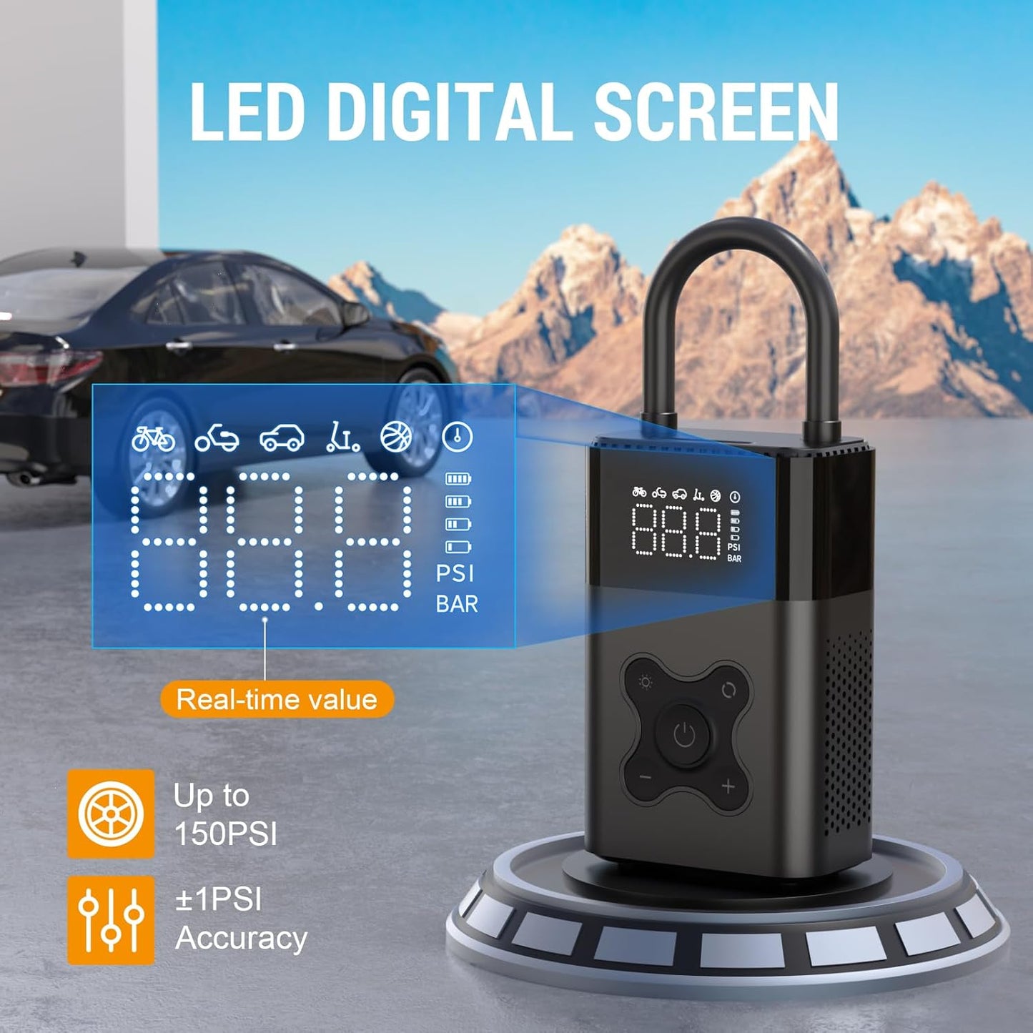 Tire Inflator Portable Air Compressor, 150 PSI Air Pump for Car, Electric Bike Pump with Digital Tire Pressure Gauge, Portable Tire Inflator for Compact Car, Electric Motorcycle, Bike (Black)