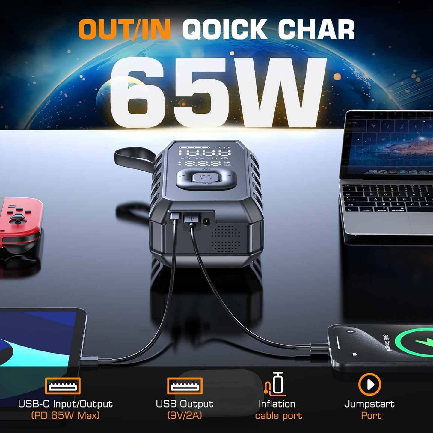 Portable Air Compressor for Tires - (12000mAh 180PSI), Dual Cylinder 5X Faster Cordless Air Pump, PD65 Quick Charge, LED Display, Digital Air Pump for Car Tires, Tire Gauge for Car, Bike, Motorcycle