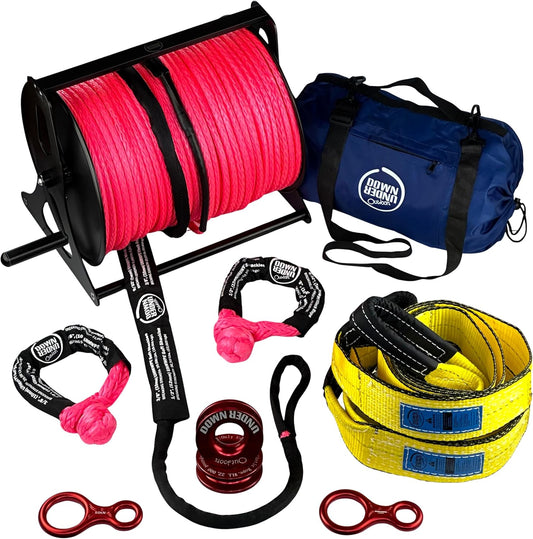 DOWN UNDER OUTDOORS Heavy Duty Game/Log/4x4 Recovery Kit, Deer Drag, 550 ft of 3/8” (23,150 lbs) Winch Rope on Metal Reel, 2 Tree Savers, 2 Soft Shackles, 2 Snatch Rings, 2 Figure 8 Rings, Gear Bag