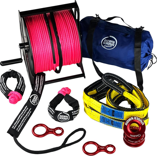 DOWN UNDER OUTDOORS Game/Log/4x4 Recovery Kit, Deer Drag, 650 ft of 9/32” (11,460 lbs) Winch Rope on Metal Reel, 2 Tree Savers, 2 Soft Shackles, 2 Snatch Rings, 2 Figure 8 Rings, Gear Bag