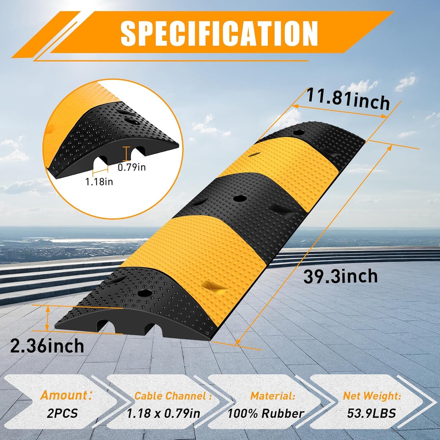 Rengue 39.3" Rubber Speed Bump, Pack of 2 Total 78.6'' Heavy Duty, Humps Rated 66000 LBS Load Capacity, Speed Humps with 6 Bolt Spikes Anchors for Asphalt Concrete Gravel Driveway