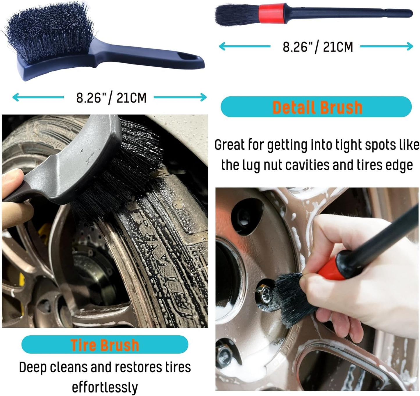 PRO Choice 4 Pack Long Handle Wheel Brush Kit for Cleaning Wheel and Tire- 2X Soft Wheel Cleaning Brush, Detailing Brush and Stiff Tire Brush