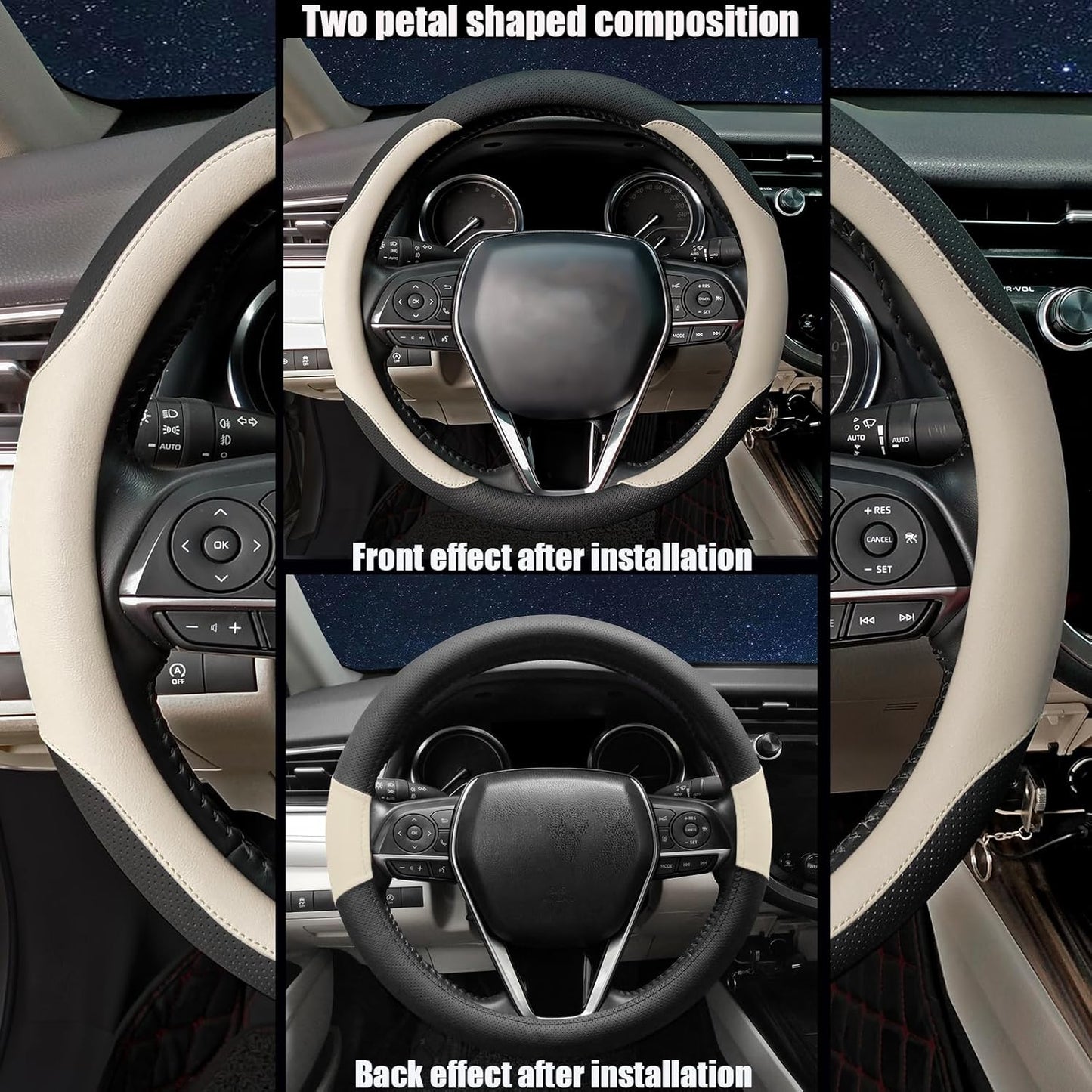 Steering Wheel Cover Standard Size Medium 14.5-15 inch, Breathable Microfiber Leather, Anti-Slip, Soft Grip, Universal Fit for Cars SUVs Trucks, Black and Creamy White