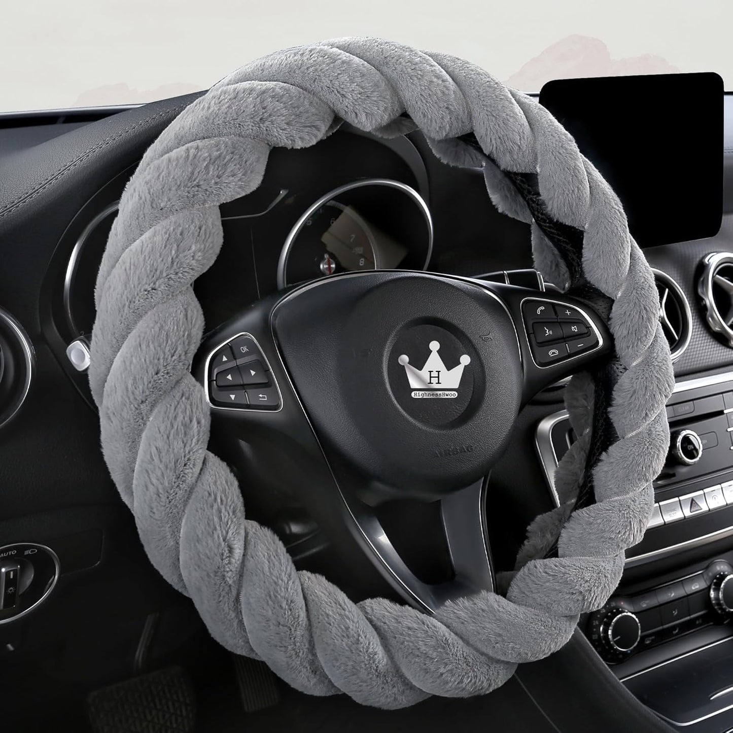 Luxury Fluffy Winter Car Steering Wheel Cover for Women Soft Warm Cute Auto Accessories for Jeep, Truck, Van, F150, Universal, Fuzzy, Anti Slip, Gray, Large Size, 15.2-16in
