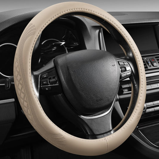 【2025 Model】 Breathable Soft Leather Car Steering Wheel Cover for Men Women, Non-Slip, Comfortable,Universal 15 inches Steering Wheels, Beige