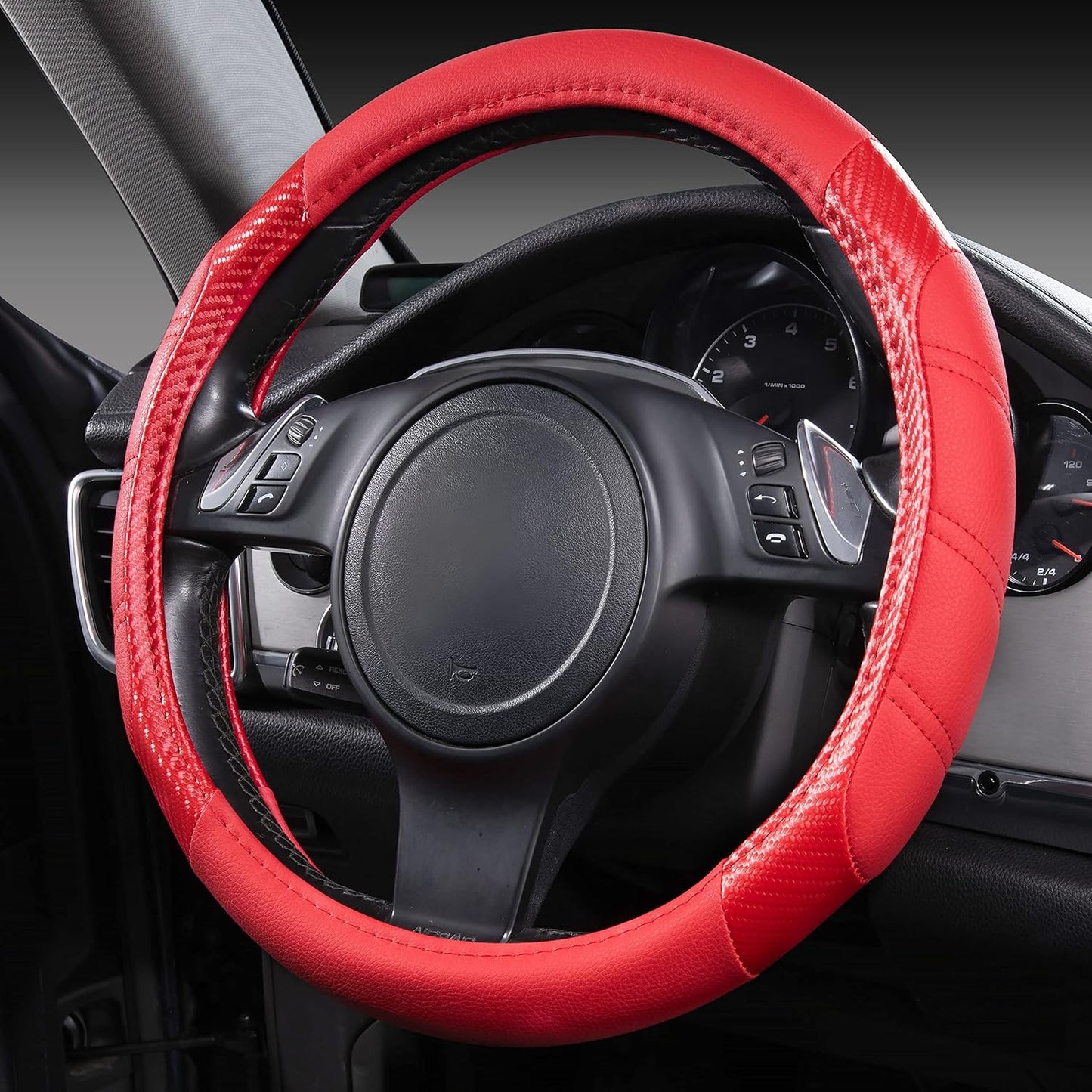 CAR PASS Line Rider Microfiber Leather Sporty Steering Wheel Cover 14.5-15 inch Universal Fits for 95% Truck,SUV,Cars, Anti-Slip Safety Comfortable Desgin (Red-Carbon Fiber)